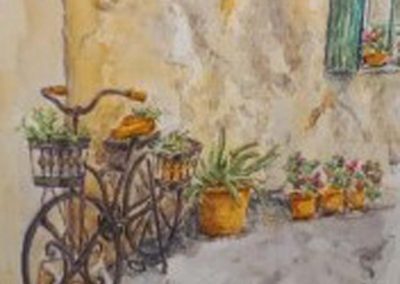 Joyce Carpenter - Recycling in Alcudia - Watercolour - £95 - 13" x 13"