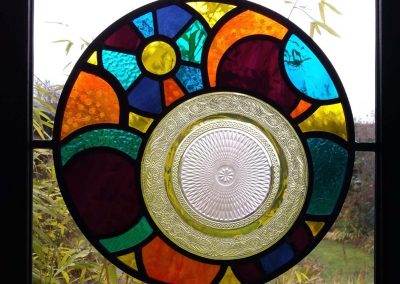 Mary Corkery - Logo Panel – Not for sale - Traditional stained glass panel incorporating vintage plate– 40cm x 40cm