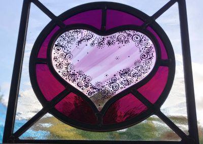 Mary Corkery - Valentine - Traditional kiln fired stained glass panel including a vintage pot lid – 18cm x 18cm