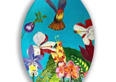 Johanne Narayn - Ruby Topaz and flowers  30cm x20cm oval Acrylics on Canvas