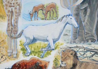 God made animals - By Judith Cook - Oil on board, 180cm x 90cm, from a series The Days of Creation