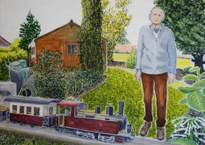 Michael and trains - By Judith Cook - Acrylic on canvas, 1mx80cm, NFS